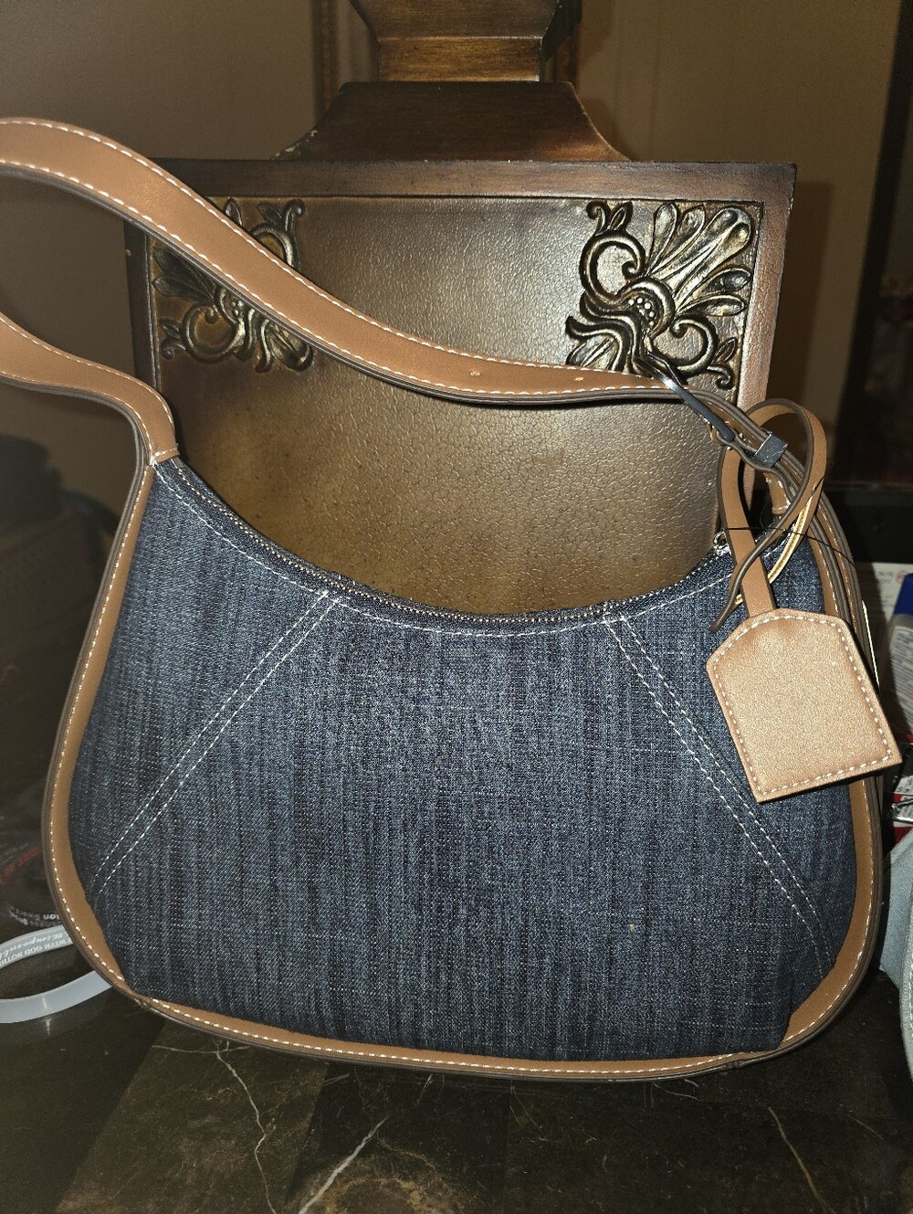 True Religion Denim Shoulder Bag in Dark Blue with Brown Trim - Picture 2 of 3